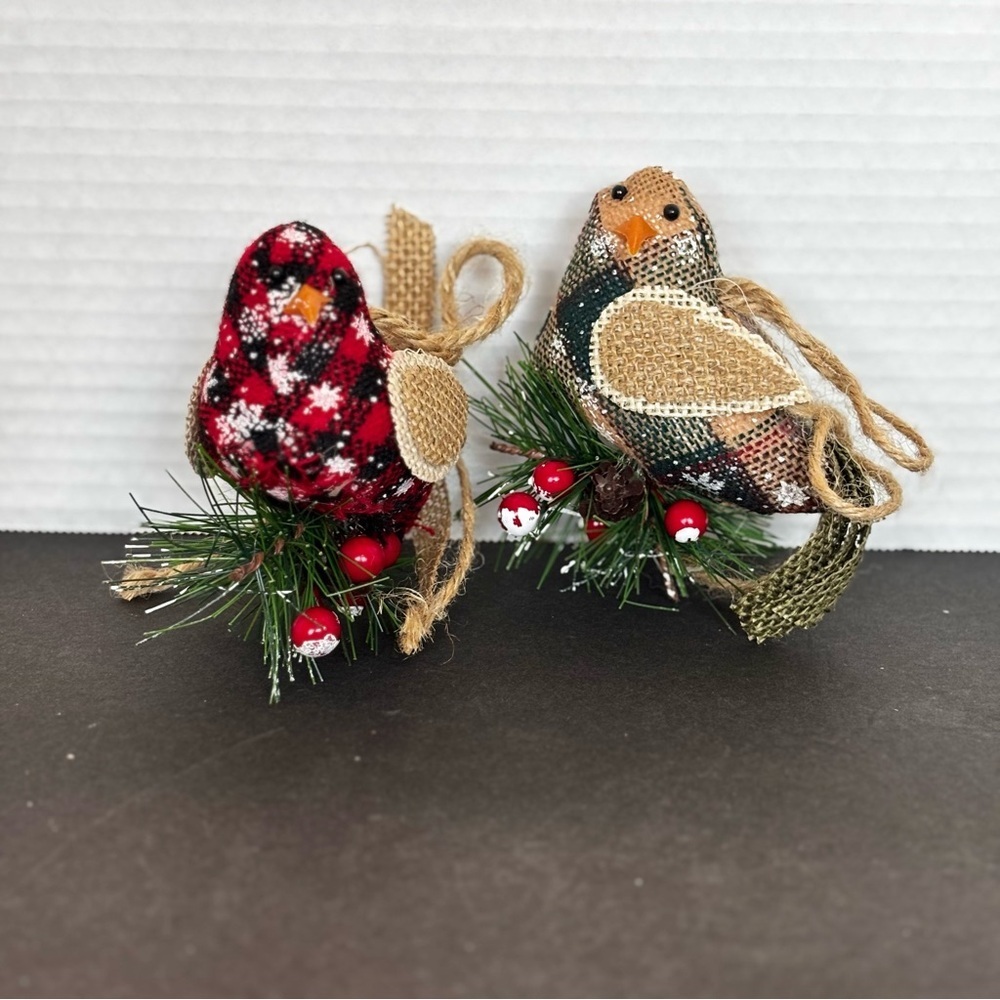 Set Of 2 Bird Christmas Ornaments Vintage Flocked  Branch Berries Pine Cone